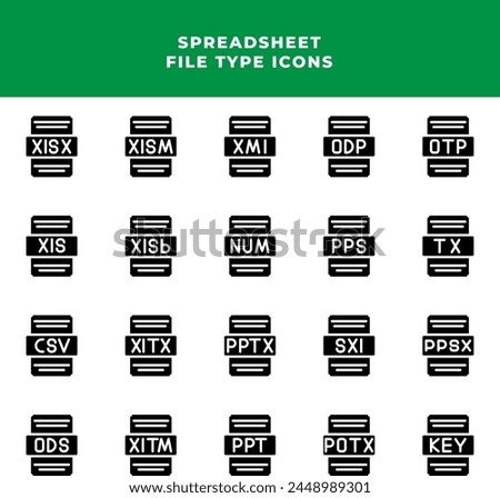 File type document spreadsheet set icons with black fill deisgn style. pixel perfect