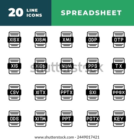 Set file type spreadsheet icon. Document collection file format with black fill design