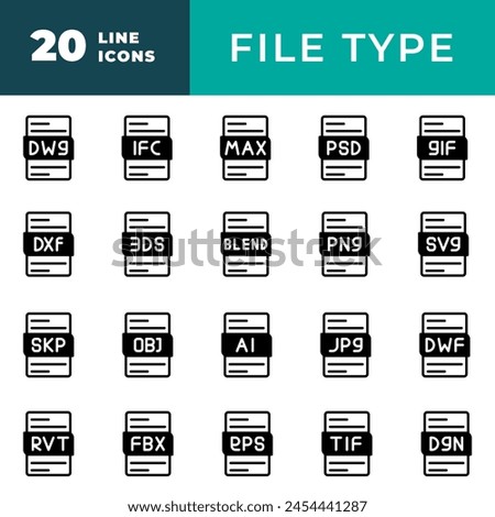 File type icon set. documents and files black fill design icons. Vector illustration.