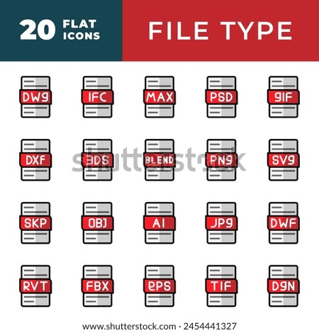 File type flat icon set. files and documents black fill design icons. Vector illustration.