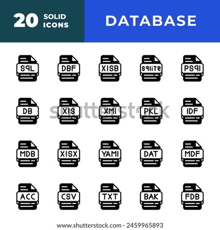 File type database icon Set. document files and format extension symbol icons. with a solid style. Vector Illustration.