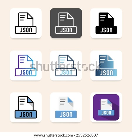 Set of json file format icons with a recognizable design, with modern colors.