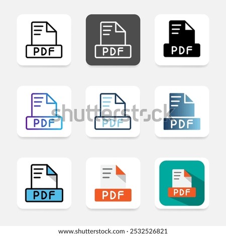 Set pdf icons file format with a clear and easy to read display, suitable for web, UI and mobile apps.