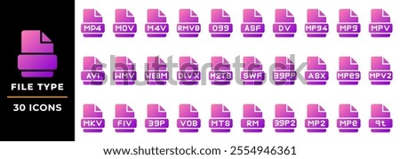 Video file gradient fill icon collection. document, extension, file type symbol.