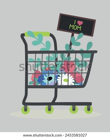 Flat Design I love Mom Illustration with Shopping Cart at Flowers