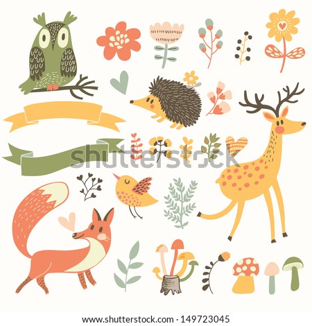 North Forest Set In Vector. Deer, Hedgehog, Owl, Bird And Fox In ...