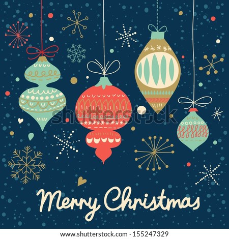 Vintage Merry Christmas card in vector. Stylish holiday background in retro colors