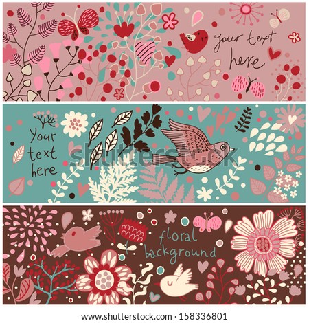 Stylish floral banners in vector. Birds and butterflies in flowers. Summer concept cards in summer colors