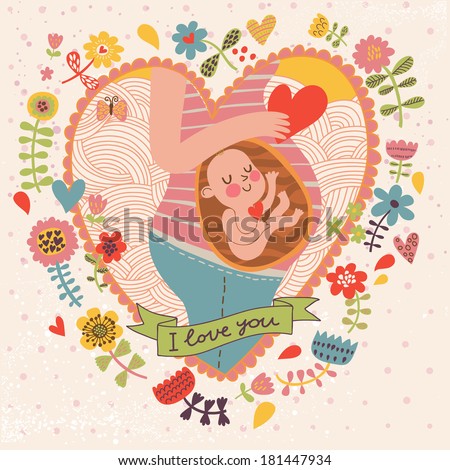 Pregnancy concept card in cartoon style. Baby and mother in love inside hearts and flowers