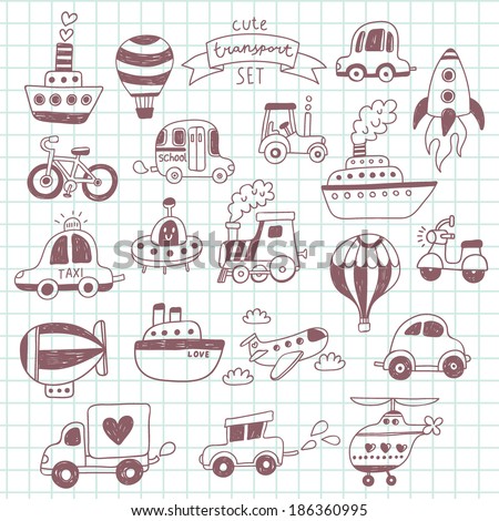 Big doodled transportation icons collection on school notebook. Travel set with retro cars, air-balloons, ships, bike, helicopter and train