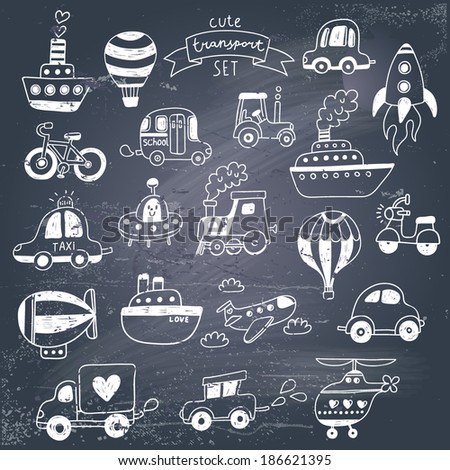 Big doodled transportation icons collection in black-and-white. Travel set with retro cars, air-balloons, ships, bike, helicopter and train. Graphic vintage set on chalkboard background.