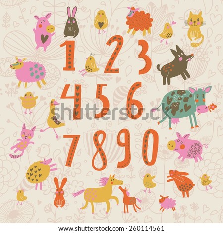 Sweet learn to count concept set in cartoon style. All numbers and funny cartoon animals: cat, dog, cow, horse, rabbit and others in vector