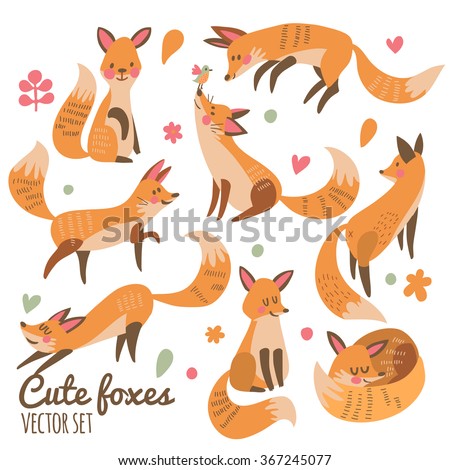Cute foxes vector set. Eight awesome foxes sitting, jumping, playing, standing, smiling and sleeping. Lovely animal collection for sweet designs 