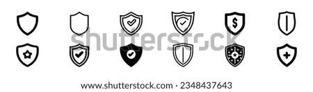 Set of security shields icons, Shield icon. Shield with a checkmark in the middle Protection icons set concept, defense Icon in trendy flat style, Simple filled heater shield icon, shield icon