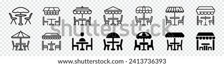 Terrace cafe icon, Terrace cafe line icon, terrace icon line art logo, cafe umbrella icon, Terrace cafe logo, Street Cafes Icons. Table and Chairs in a Summer Restaurant, Leisure and tourism logo