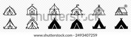 Tent icon vector. Camp icon on transparent background, Tourist camping tents vector icon set, Tent with a flag icon. Refugees or kids house camp icons. 