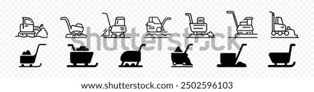  snow removal icon, snow blower icon, Snow tractor, Snow removal flat line icons. snows cleaning machine vector icon logo, ice Blower or Ice Thrower Cartoon Retro