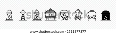 Water tank linear icon set. icon water tank on transparent background, Water boiler icon. Outline waters boiler vector icon, water tank vector icons. Waters tank illustration