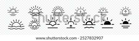 Sunrise sunset icon, Sunrise and sunset icon. Sun shines or sun ray icon. Sun over sea or ocean icons, Minimalist sun logo or sunrise icons or sunset icons