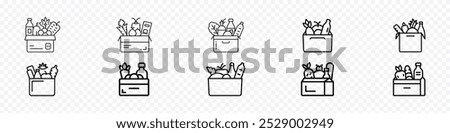 grocery line icon, Grocery Shopping Icon Set. Grocery box, vegetables, daily products, Groceries icon. Full basket of food, grocery shopping icon