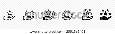 hand holding star. Hand like sign and five stars rating. Positive feedback. 5 stars positive review. Rate icons set. Feedback icon collection. Concept of best ranking. Customer review.