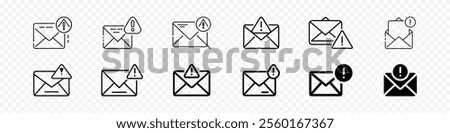 Email warning icon sign, Email with warning sign, Mail icon. Envelope sign. Email icons. Letter icon. Spam icon.