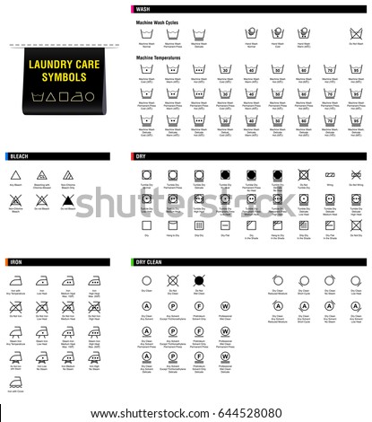 Laundry Care Symbols. Vector Label Washing Instructions Flat Icons. Washing, Bleaching, Drying, Ironing, Dry Cleaning.