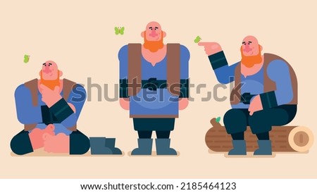 Kind giant play with butterfly, huge titan take off his bottes and sitting on the floor thinking about something, large bald giant sitting on Tree trunk and feeling good, Flat avatar vector  Сток-фото © 