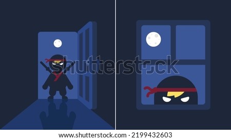 Mini ninja with traditional suit, Standing in the dark and opening the door with his long shadow, full moon night, peeking out the window, watching someone, doing a top secret mission, Flat avatar