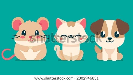 Set of cute wild animals, dog, cat, mouse, hamster, Safari jungle animals flat vector illustration 