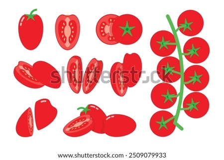 Set of Cherry Tomatoes, Farm fresh red Tomato product emblem for grocery shop, Slides, long and cross sections, and different positions, simple flat vector illustration of vegetables and fruits.