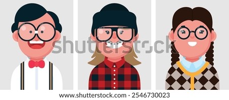 Set of flat portraits of nerd students. Collection of colored cartoon characters smart girl and boy, profile picture, vector illustration.