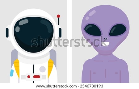 Set of flat portraits of astronaut man with alien. Collection of colored cartoon character space man in different poses and outfits, profiles pictures, vector illustration.