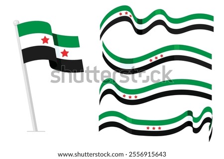 New Flag of Syrian Arab Republic, symbol of Syria, wavy ribbon with Syrian national flag, Freedom for Syria. 8th December, national day, Vector illustration.