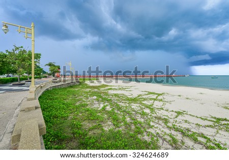 The grass at the beach , fishing pier . Boats , fishing , windy, cloudy weather , rain landscape , Tropical beach at cloudy weather , Ipomoea