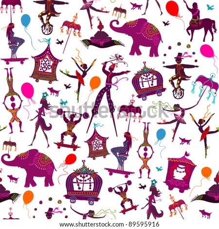 seamless – colorful circus with magician, elephant, dancer, acrobat and various characters
