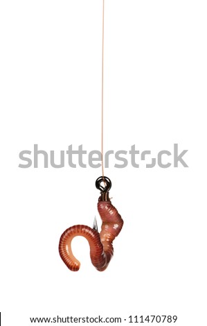 Fish hook with worm isolated on white background