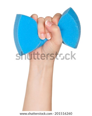 Woman hand with kitchen sponge for ware washing isolated on white background