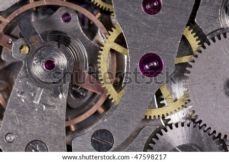 Close-up mechanism of old watch. Photo macro