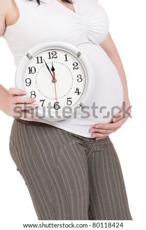 Pregnant belly with clock - isolated over a white background. Third trimester.