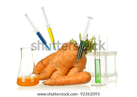 Genetically modified organism - ripe carrot with syringes and laboratory glassware on white background