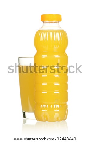 Pineapple juice in plastic bottle and glass on white background