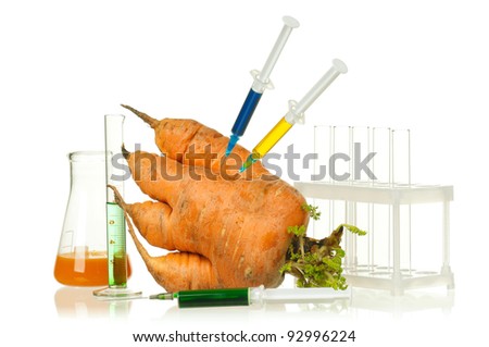 Genetically modified organism - ripe carrot with syringes and laboratory glassware on white background