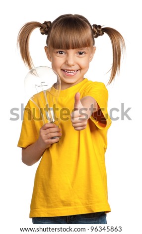 Portrait of happy little girl with light bulb isolated on white background