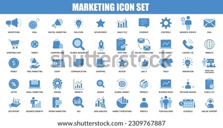 Marketing fill icon set of advertise, goal, target, shopping, research, mission, review, innovation, growth, data analysis and more. Collection of modern icon and pictogram.
