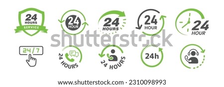 24-hour icon bundle in green color, 24-hour e-commerce customer support icon set, service daily, 24-hour green color icon set for e-commerce, and icon bundle in green.