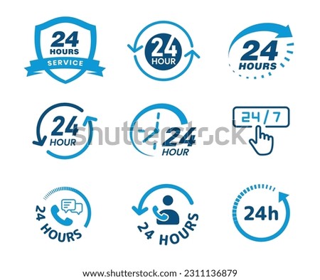 24-hour icon, badge bundle in blue color, 24-hour e-commerce customer support icon set, service daily, 24-hour blue color icon set for e-commerce, and icon bundle in blue.