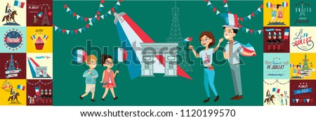 children boy and girl on national holiday france, kids with balloons in hand walking down street against background of eiffel tower, Horse Guards on Bastille Day vector illustration