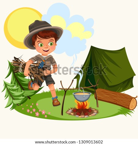 Cartoon young boy carrying firewood for fire to cook meal