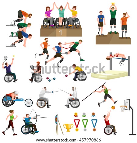 people on wheelchair disabled sport activity isolated icon, invalid playing athletic game pictogram vector illustrations, handicapped woman doing exercise and become champion 